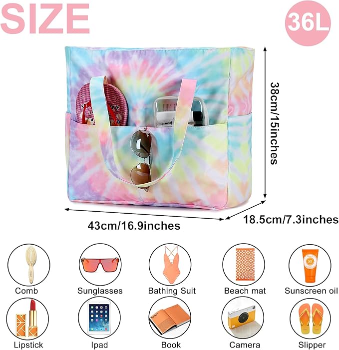 CAMTOP Waterproof Beach Tote Bag for Women Girls with Zipper Foldable Sandproof Pool Swim Bag Travel Carry On Gym