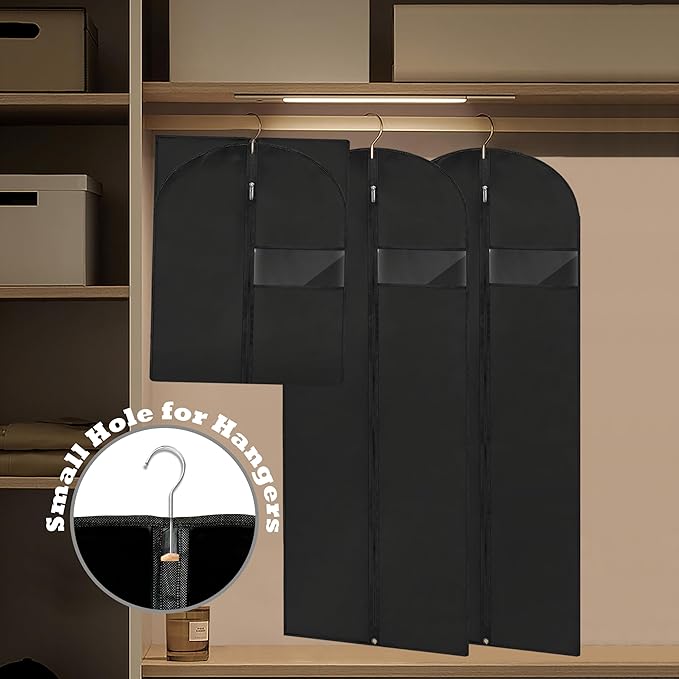Dress Bags for Gowns Long, 65'' Garment Bags for Hanging Clothes, Suit Bag Cover for Storage and Travel, 2 Pack (Black)