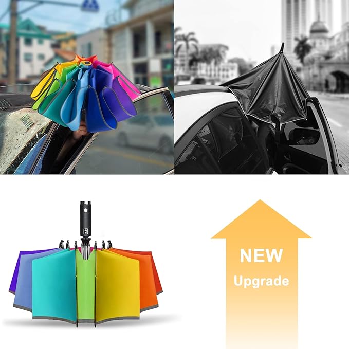 Lejorain Inverted Rainbow LED Umbrella - Folding Reverse Automatic Travel Umbrellas Compact for Rain Windproof Women - Portable Upside Down Collapsible Reflective Umbrella