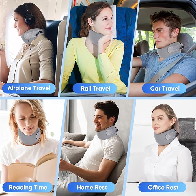 Compact Travel Pillow with Adjustable Straps & Washable Cover, Portable Neck Pillow Airplane with Case & Hook, Chin Support Pillow Relieves Pain & Pressure for Trips, Office, Car & Home Use