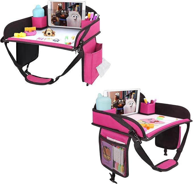 Kids Travel Tray for Airplane - Toddler Car Seat Table Tray, Road Trip Essentials for Boys & Girls, Carseat Lap Desk for Kids Road Trip Activities (Pink-2PCS)