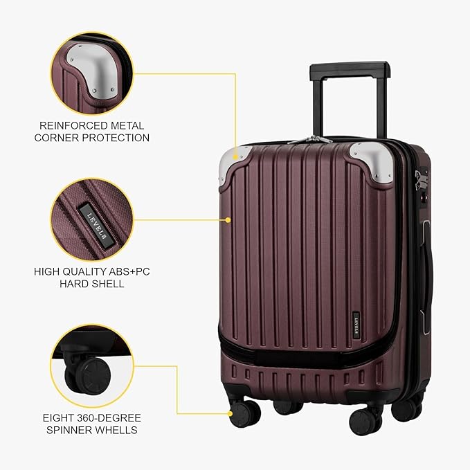 LEVEL8 Grace Carry On Luggage Airline Approved, 20 Inch Expandable Hardside Carry On Suitcase With Wheels, Abs+Pc Small Luggage with Tsa Lock, Red, 20-Inch