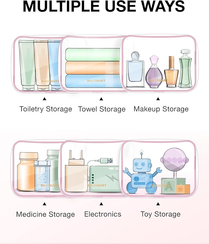 BAGSMART Clear Toiletry Bag, 3 Packs TSA Approved Water-resistant Quart Size Travel Organizer, Airport Airline Travel Essential Carry-On Makeup Cosmetic Bags for Women, Pink
