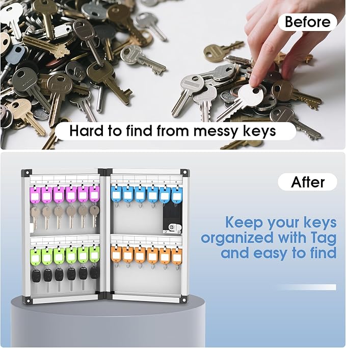 24 Slots Key Box Wall Mount with Code, Key Lock Box with Combination, Key Storage Box with Key Hooks & Tags & Lables, 8.45" x 2.55" x 13" (Black-Code Lock, 24 Keys)