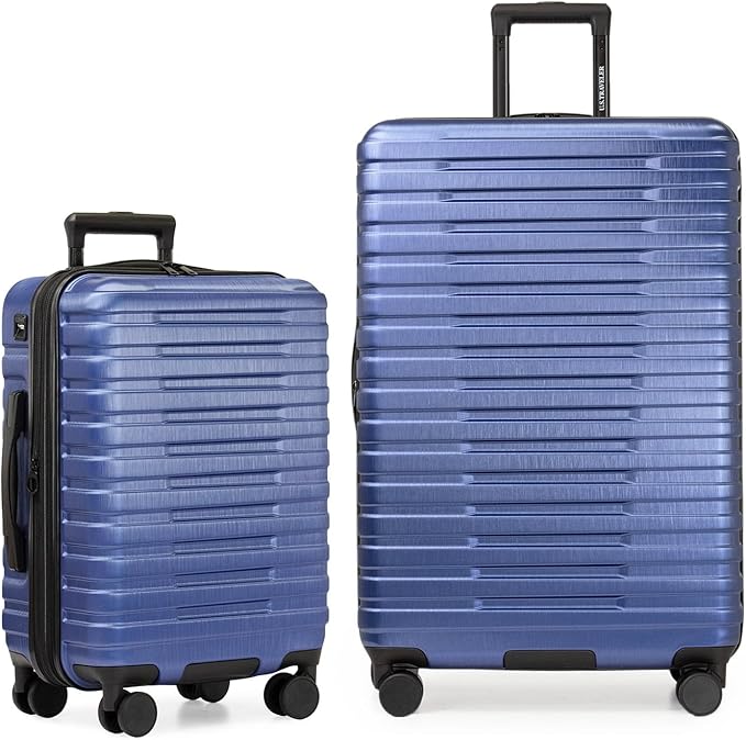 U.S. Traveler Boren Polycarbonate Hardside Rugged Travel Suitcase Luggage with 8 Spinner Wheels, Aluminum Handle, Navy, 2-Piece Set, USB Port in Carry-On