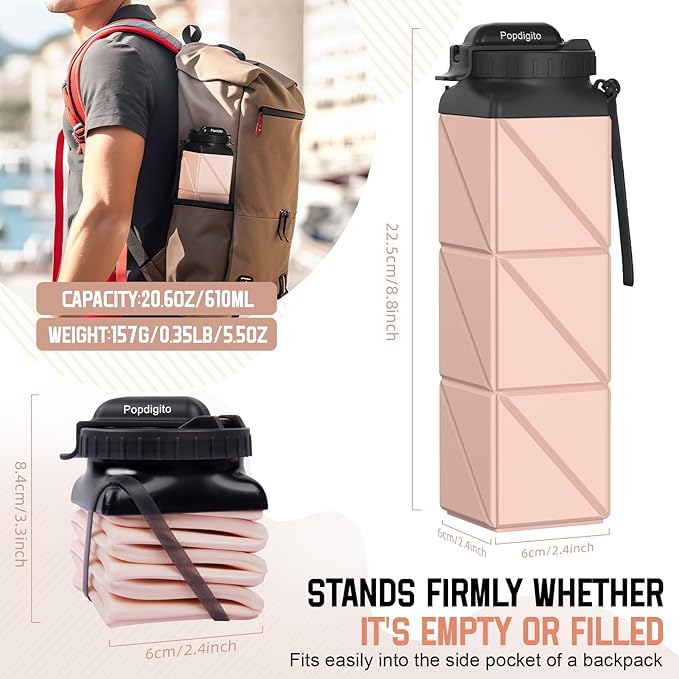 Collapsible Water Bottles 20.6oz Foldable Water Bottle BPA Free Reusable Lightweight LeakProof Travel Silicone Water Bottles for Travel Gym Hiking Camping (Upgrade Light Pink)