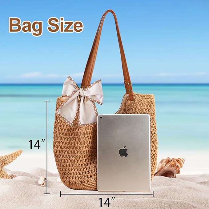 Peicees Crochet Beach Bag For Women Summer Tote Bag Boho Shoulder Bag With Leak-Proof Lining for Vacation Travel Woven Purse