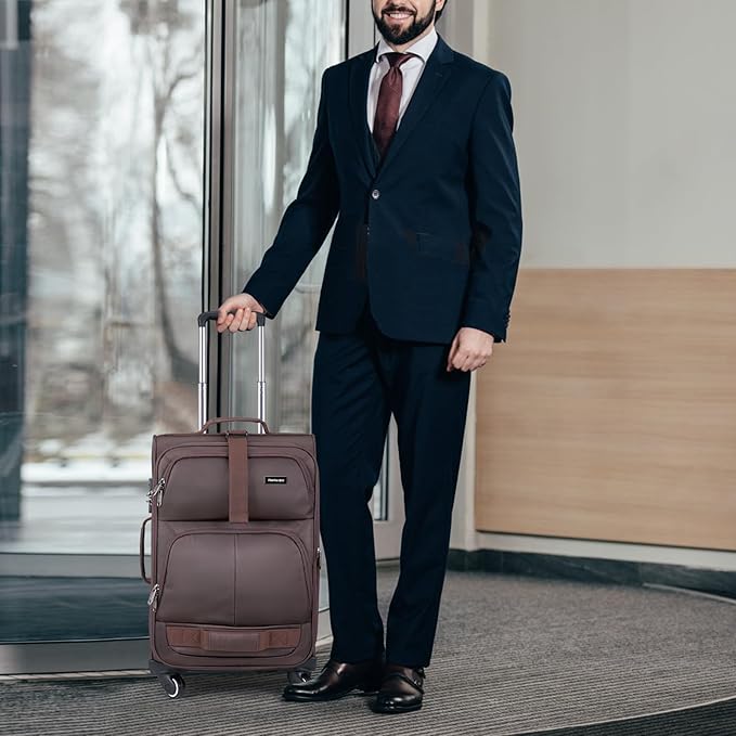 Hanke 20 Inch Softside Expandable Carry On Luggage with Spinner Wheels, Rolling Suitcase Travel Luggage with TSA Approved Luggage,Coffee