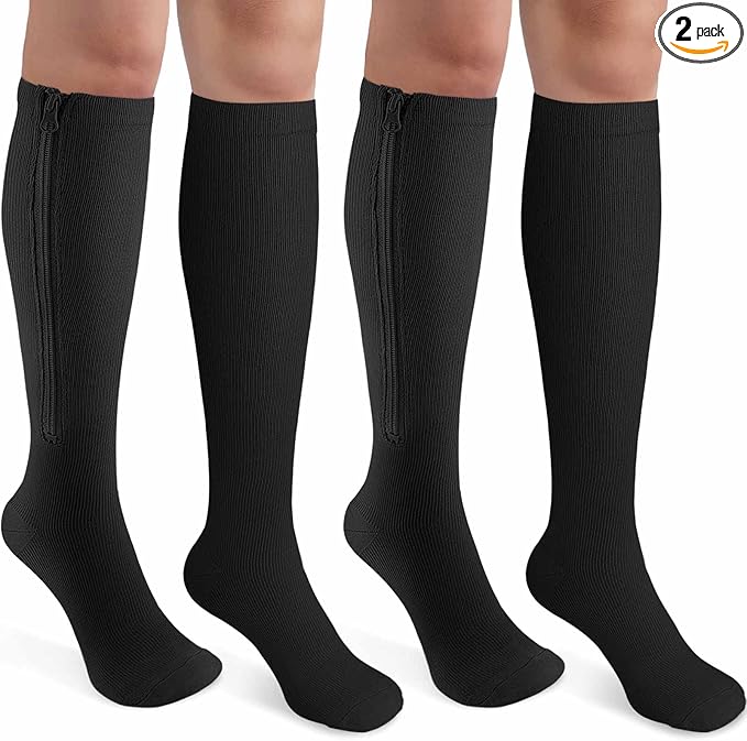 CASMON 2 Pairs Zipper Compression Socks for Women & Men,15-20 mmHg Closed Toe Knee High Support Sock for Varicose Vein Edema