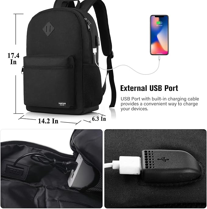 Black Backpack for Women Men,Casual School Backpack Teen Boys and Girls 15.6 Inch Laptop Bookbag with USB Charger for College High School Travel Business