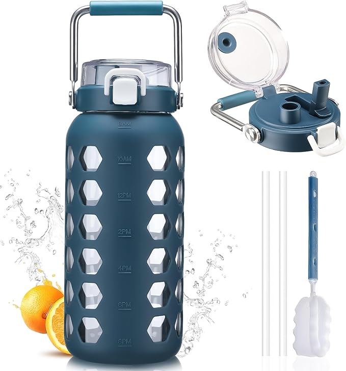 MUKOKO 64oz Glass Water Bottles with Straw and Lid,Half Gallon Water Bottle with Time Marker,Large Glass Water Jug with Silicone Sleeve and Stainless Steel Handle-Blue
