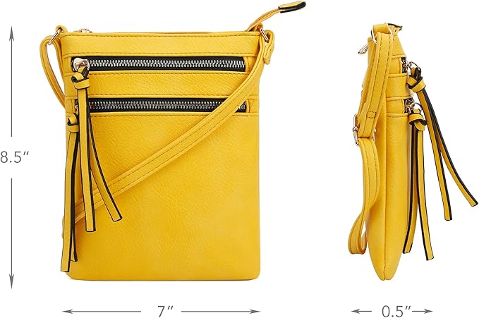 DELUXITY | Crossbody Purse Bag | Functional Multi Pocket Double Zipper Purse | Adjustable Strap | Medium Size Purse | Yellow
