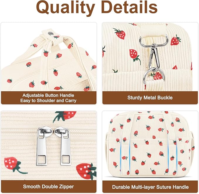Corduroy Lunch Box Lunch Bag for Women Men, Cute Strawberry Small Insulated Reusable Work Leakproof Simple Lunch Boxes Tote Bag Adults Cooler Bag