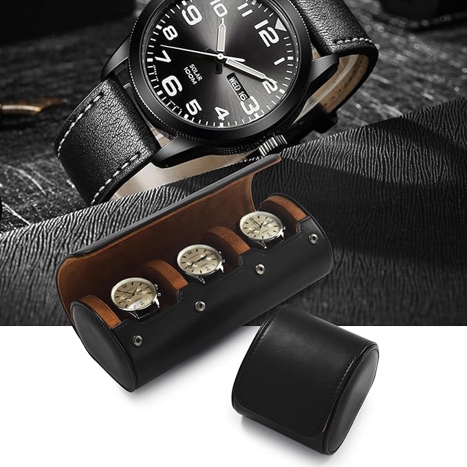 Oirlv Premium Leather Watch Roll Travel Case 3-Slot Watch Box for Men and Women Storage & Organizer Display, Anniversary Birthday（Black）