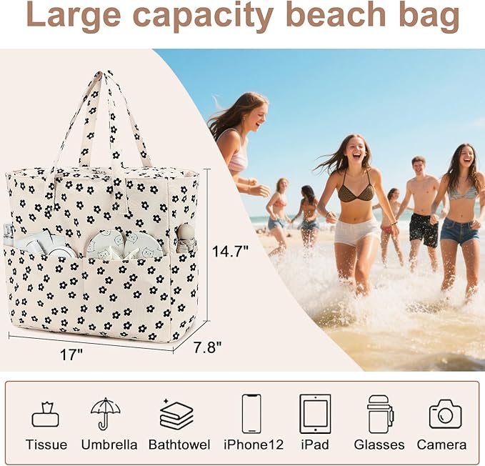 LEDAOU Beach Bag Waterproof Sandproof Women Tote Bag Pool Bag with Zipper for Gym Grocery Travel with Wet Pocket