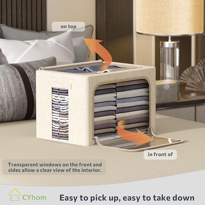 4 Pack Clothes Storage Bins with Metal Frame - Linen Fabric Foldable Stackable Container Organizer Set with Clear Window & Carry Handles & Zippers (Beige, 19.7"x15.7"x13")
