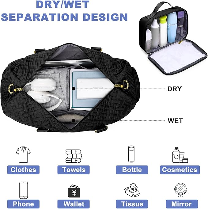 Women Duffle Weekender Travel Bag: Large Duffel Bags with Shoe Compartment Carry On Overnight Tote Bag with Wet Pocket Toiletry Bag Traveling Weekend Gym Yoga Hospital Bags for Labor & Delivery Black