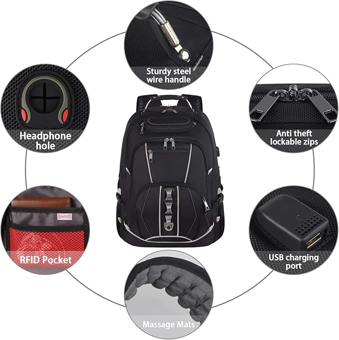 18.4 inch Gaming Laptop Backpacks with USB Charging Port, Big Capacity TSA Friendly RFID Anti Theft Pocket College Heavy Duty Computer Work bag for Men