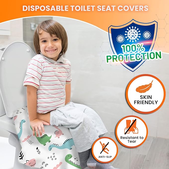 20 Extra Large Toilet Seat Covers Disposable for Kids & Adults-Toilet Covers Disposable for Travel-Toddler Toilet Seat Cover Liners for Potty Training-Individually Wrapped-Waterproof (Dinosaurs)