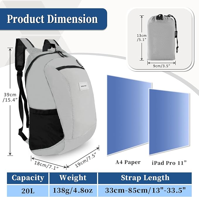 Hiking Daypack - Lightweight & Water-Resistant Portable Backpack for Travel, Camping, Outdoor Adventures(20L, grey)