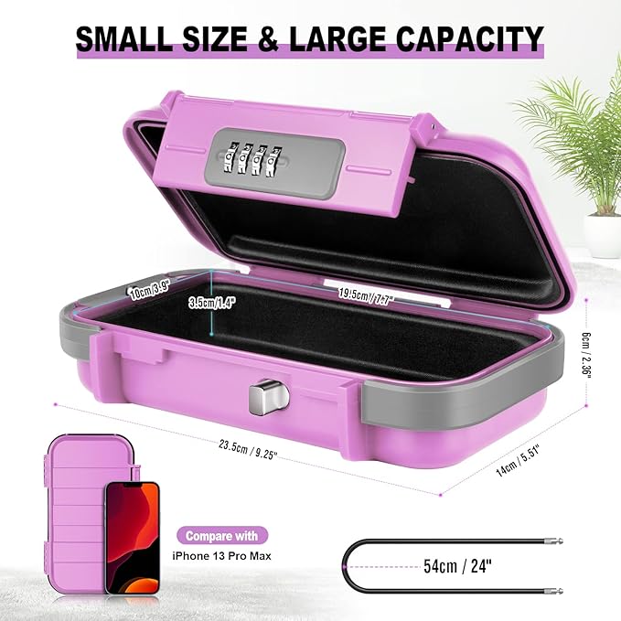 HUANLANG Portable Safe Lock Box with Combination Lock Mini Beach Travel Safe Waterproof Small Lockable Box with Removable Wire Rope Combination Safe Box for Dorm,Travel,Beach,Hotel,Car,Home,Office