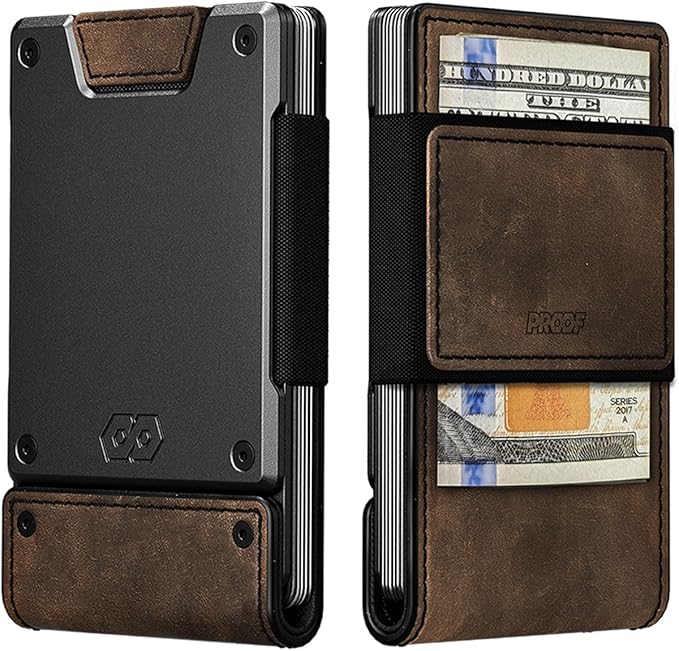PROOF Wallet | Slim Minimalist Wallets for Men | Leather & Metal | RFID Wallet | Front/Back Pocket | Gift Box | Veteran Owned