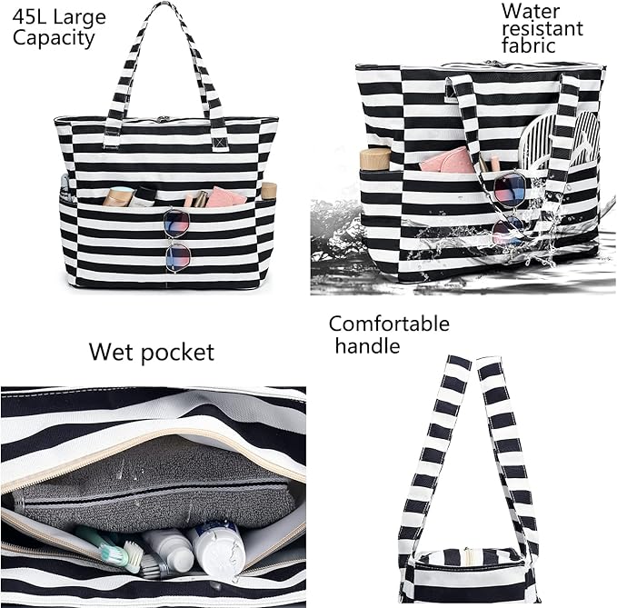 LEDAOU Beach Bag Waterproof Sandproof Women Tote Bag Pool Bag with Zipper for Gym Grocery Travel with Wet Pocket