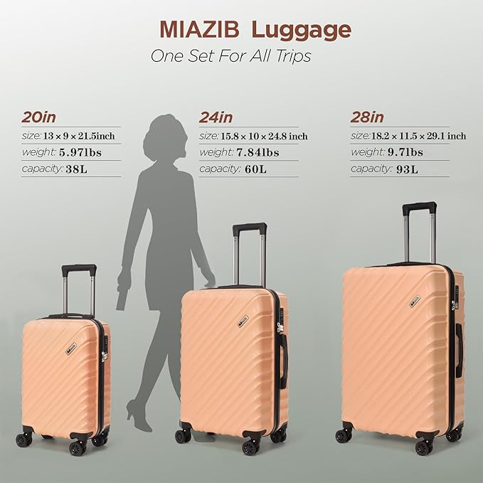 Hardshell Luggage Sets 3 Piece ABS+PC Travel Suitcase Hard Sided Luggage with Spinner Wheels Checked Luggage Durable Lightweight Hard Case Luggage (Light Pink)