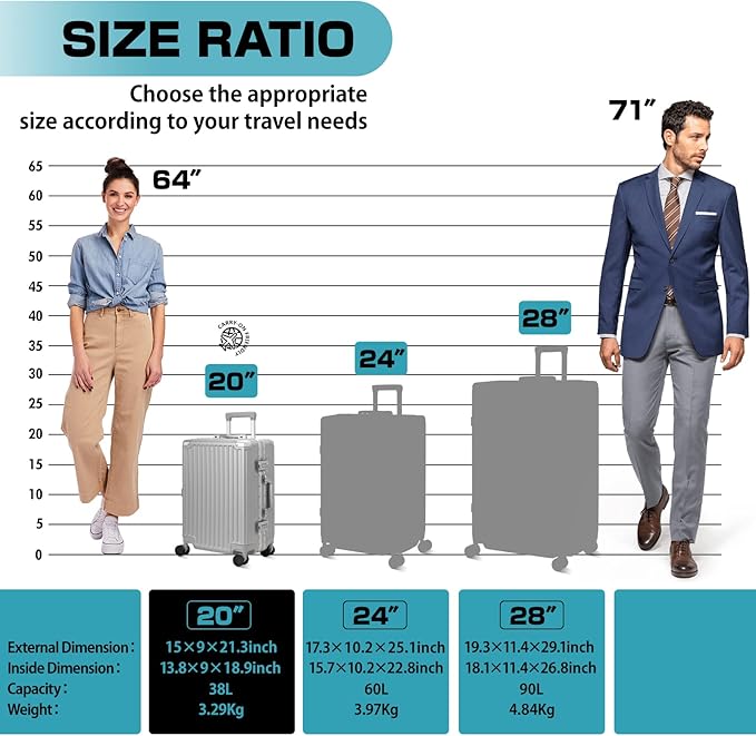 AnyZip Carry On Luggage - Aluminium Frame, PC ABS Hard Shell, Suitcases with Wheels, TSA Lock, No Zipper - 20in Silver