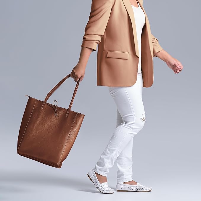 Italian Calf Leather Tote for Women with Zipper, Inner Pocket & Flat Base | Soft Unlined Shopper for Work & Travel