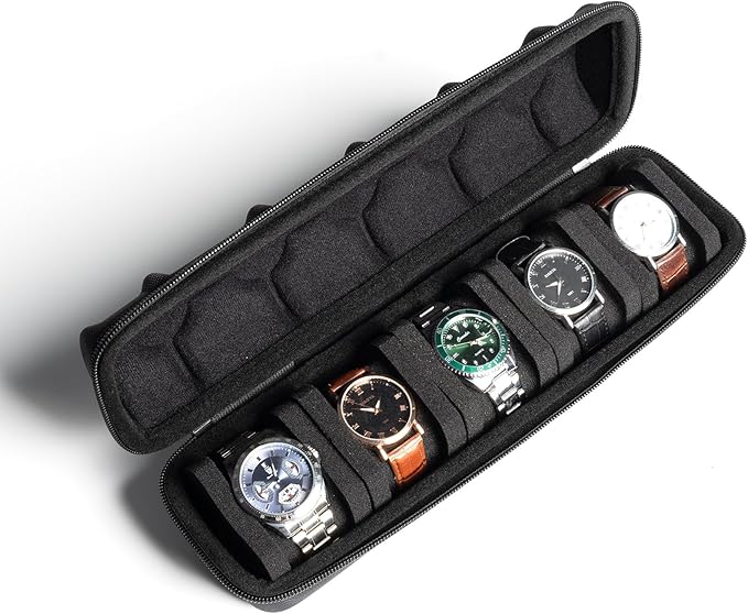 Hard Watch Travel Case, 5 slot Watch Roll Case Storage and Organizer for Men and Women, with anti-move watch pillow
