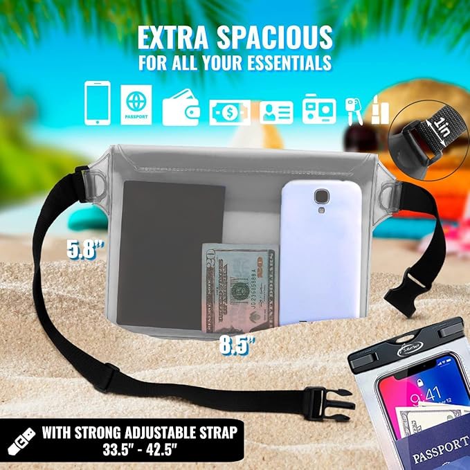 AiRunTech Waterproof Phone Pouch, Cruise Essentials 4-Piece Set, Beach Vacation Kayak Cruise Accessories Must Haves, Waterproof Bag for Travel with Phone Lanyard (2 Phone Cases + 2 Fanny Packs)