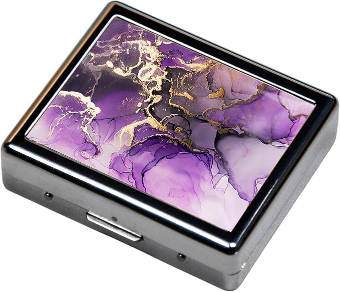 Silver Vintage Pill Box 7 Day Metal Pill Box with Mirror and 8 Compartments Cute Travel Pill Organizer for Purse (Purple and Golden Alcohol Ink Marble)