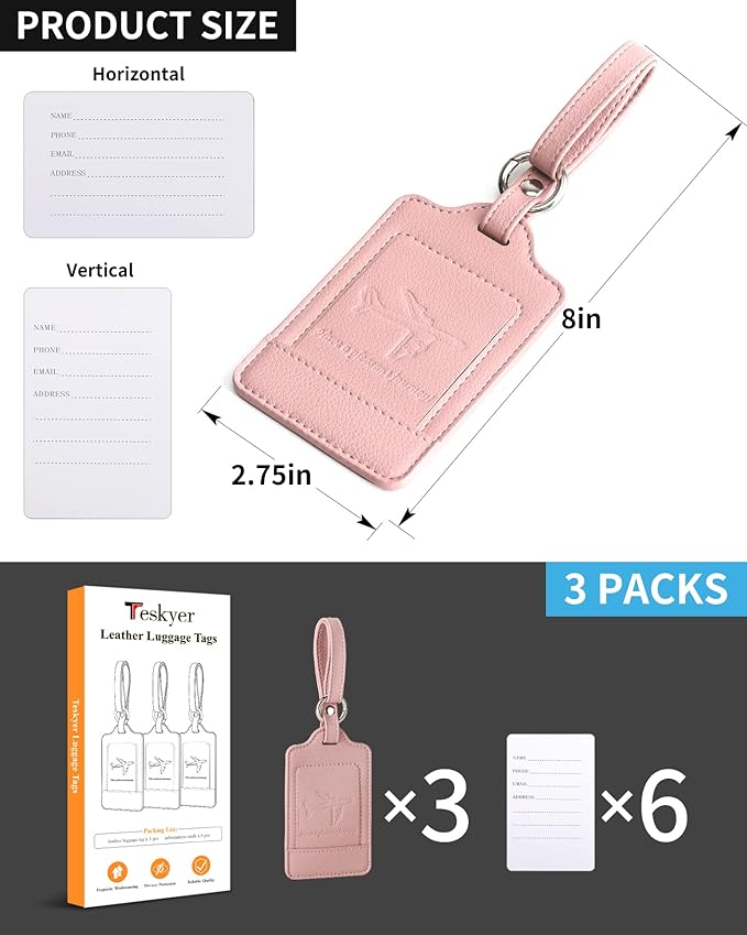 Teskyer Luggage Tags, 3 Pack Premium PU Leather Luggage Tags for Suitcases, Privacy Protection Travel Bag Tags, Lichee Dark Pink