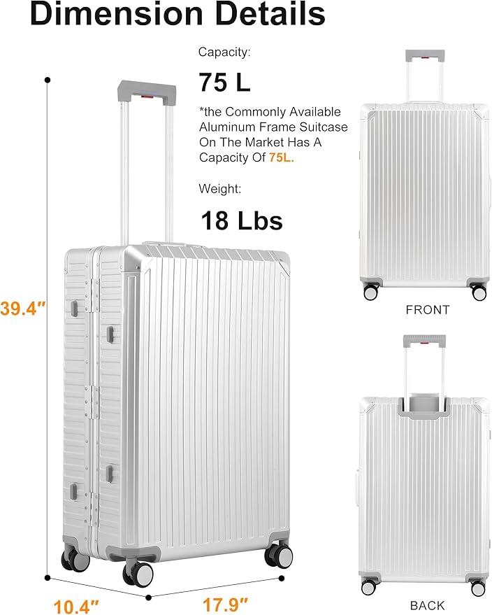 Mvst Luggage Premium All Aluminum Magnesium Carry On 20'' Lightweight Metal,Suitcase with Spinner Wheels Built-in Toiletry Set, Luggage Protector（silvery） (Silver, 29inch)