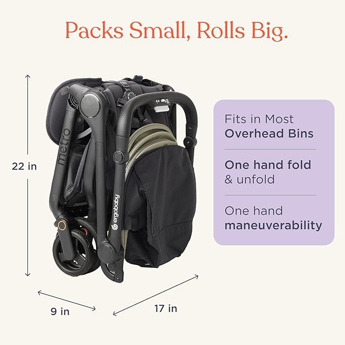 Ergobaby Metro 3 All in One Compact Baby Stroller, Lightweight Travel Stroller, Easy One-Hand Fold for Overhead Airplane Storage (Carries up to 50 lbs), Car Seat Compatible, Soft Olive