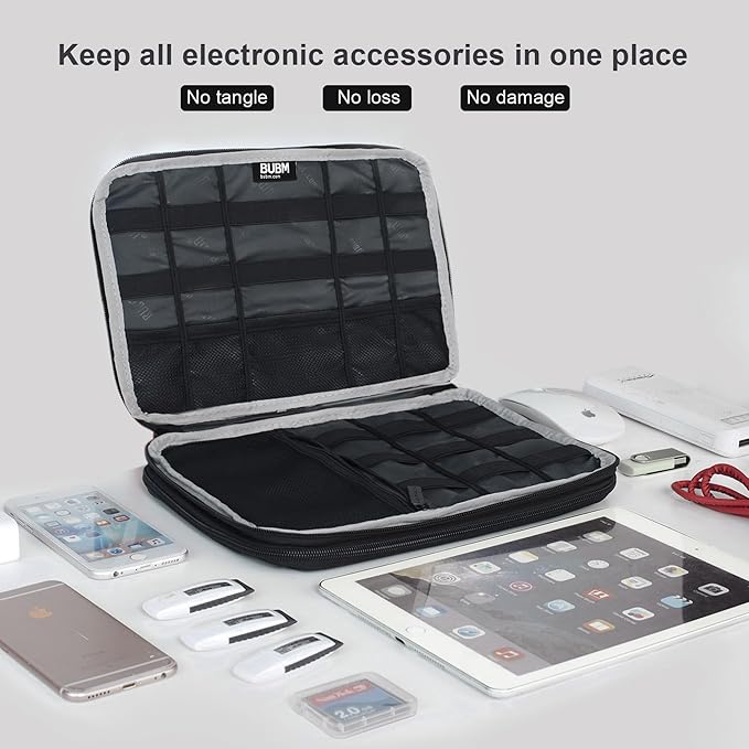 BUBM Double Layer Electronics Organizer, Travel Gadget Bag for Cables, Memory Cards, Flash Hard Drive and More, Fit for iPad or Tablet(up To 9.7")--Large, Gray
