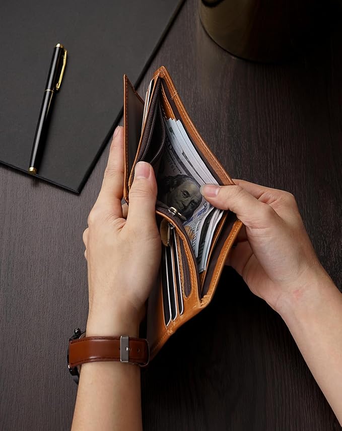 Swallowmall Mens Wallet Rfid Blocking Genuine Leather Bifold Wallets with 1 ID Window 15 Card Slots