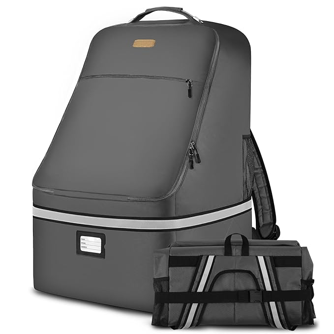 Car Seat Travel Bag - Padded Car Seat Carrier with Steel Cable Handle and Reflective Stripes, Large Durable Airport Gate Check Bag with Shoulder Strap