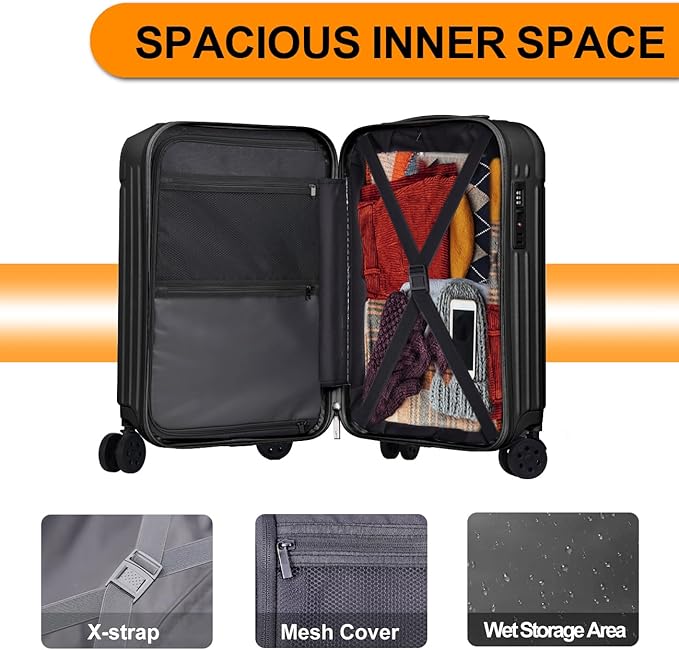 Krute Carry on Luggage PC+ABS Suitcases with Double Spinner Wheels 22x14x9 Airline Approved Luggage with TSA Lock 20 Inch (Black)