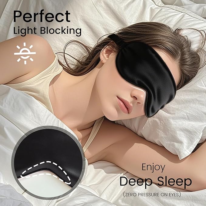 Pure 22 Momme 6A Grade Mulberry Silk Sleep Mask for Side Sleepers - 100% Blackout Eye Mask with Travel Pouch (Black)