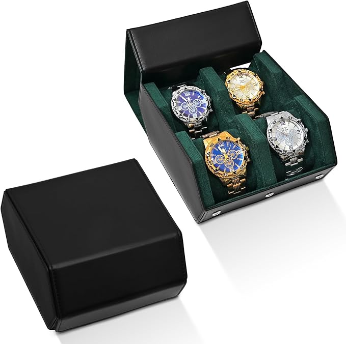 Watch Roll Travel Case for 4 Watchs Storage and Organizer-Secure Storage with Innovative Slide Pillows & Solid Dividers for Home Storage, Protect and Display