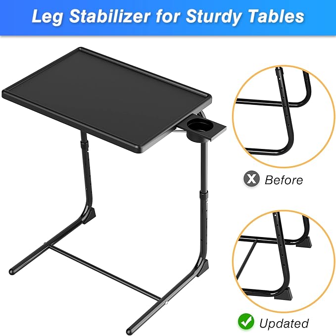 Allpop TV Tray Table, TV Dinner Tray for Eating Set of 2, Adjustable Folding Laptop Table with 6 Heights & 3 Tilt Angles, Cup Holder on Couch & Bed, Black