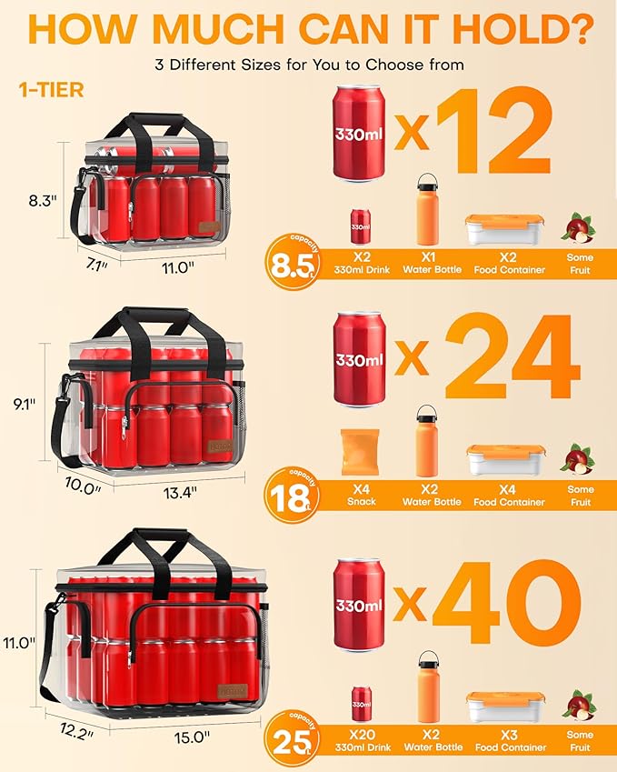 HOTOR Lunch Box for Men and Women - Leak-Proof Insulated Lunch Cooler Bag with Adjustable Strap, Multiple Pockets for Office, Picnic, Hiking, Beach, 1 Layer, 18L, Black, 13.4" x 9.1" x 10.0"