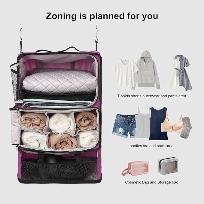 TABITORA Travel Portable Hanging Shelves Closet Organizer Packing Luggage Storage with Multifunctional and Foldable Invisible Compartment,Lightweight, for Suitcase, RV,Closet…Purple,XXL