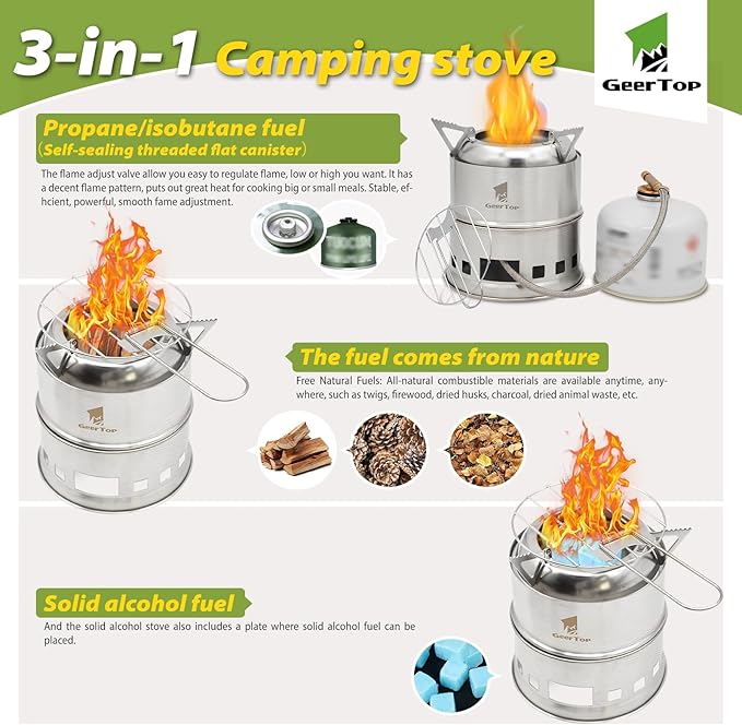 GEERTOP Portable Small Camping Stove with Fuel Canister Adapter Isobutane Ultralight Mini Stainless Steel Wood Burning Backpacking Stove Kit for Outdoor Hiking Emergency Cooking