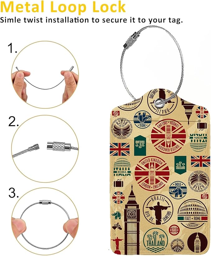 Travel Icons 2 Pack Luggage Tag for Suitcase, Cute Unique Leather Bag Tags Identifiers Privacy Cover ID Label with Steel Loop for Women Men Kids Girls Travel