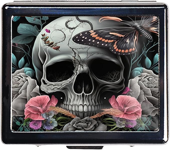 Silver Vintage Pill Box 7 Day Metal Pill Box with Mirror and 8 Compartments Cute Travel Pill Organizer for Purse (Butterfly Bush Skull)