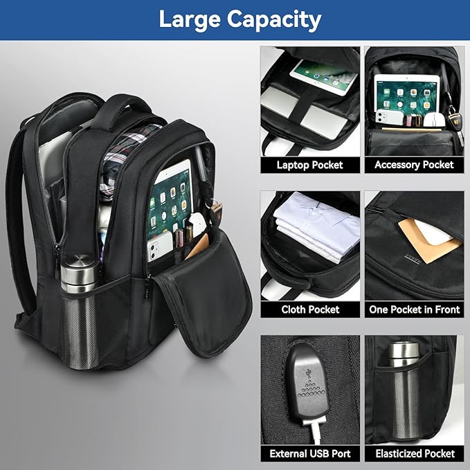 Voova Travel Laptop Backpack, Business Work Laptop Backpack for Women & Men with USB Charging Port, Waterproof Slim Durable College Computer Bag Fits 15.6 Inch Laptops and Notebook, Black