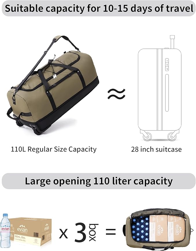 CONTAIL 32”110L Expandable 140L Rolling Duffle Bag with 2 Inline Wheels,Convertible Weekend Travel Bag with Bungee-Cord System,Army Green